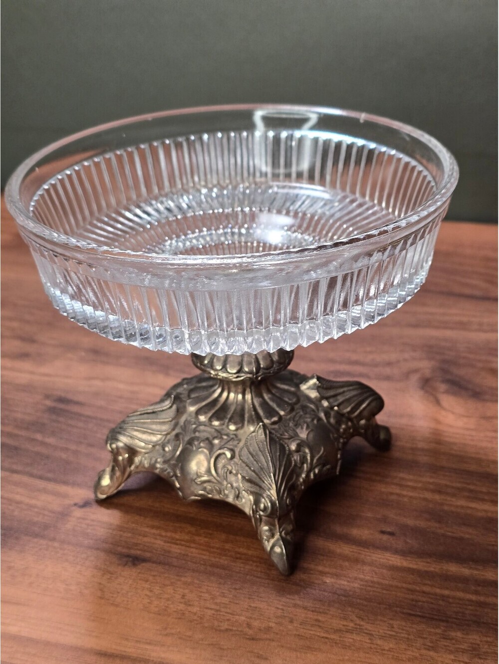 Vintage Glass and Brass Pedestal Candy Dish Made in Japan